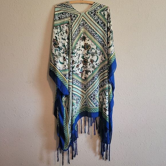 Open Front Bohemian Aztec Diamond Print Tassel Kimono Beach Cover-up Cardigan - Picture 6 of 11